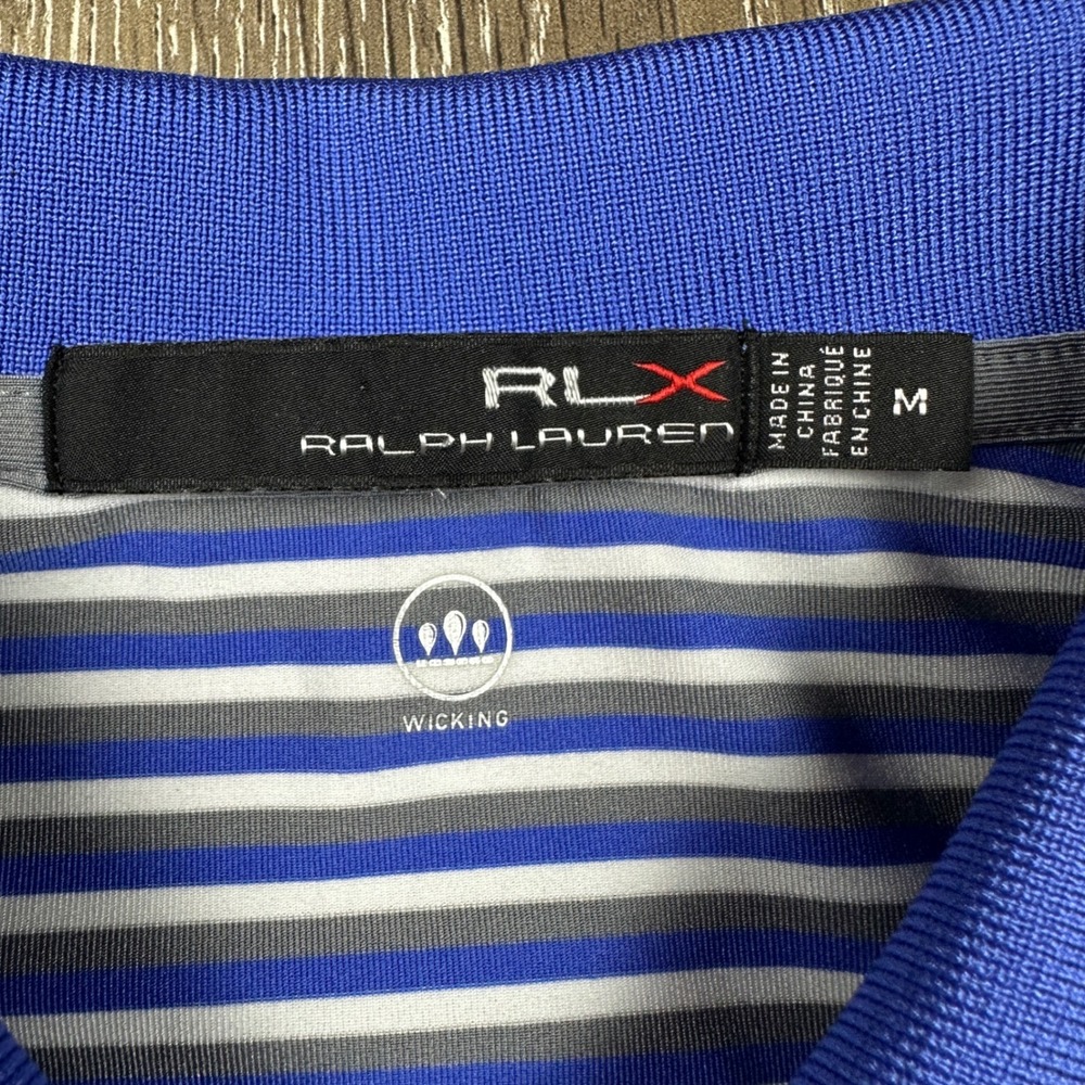 RLX Ralph Lauren Mens Striped Golf Polo Shirt Blue White Grey Size Medium Pocket - Picture 4 of 8